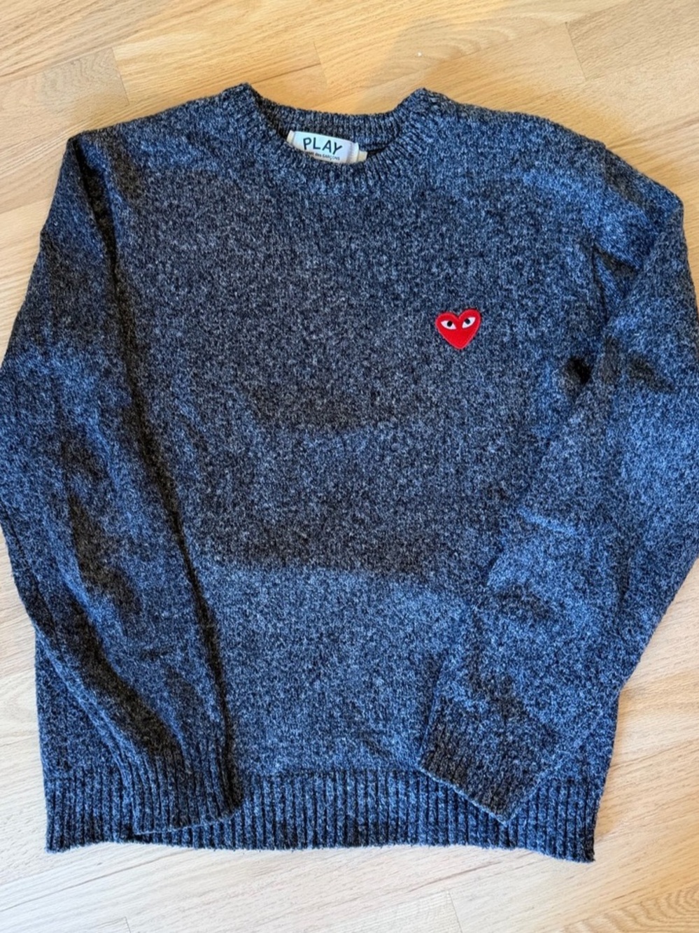 Comme des Garçons PLAY Wool Round Neck Sweater with Red Heart Emblem Gray